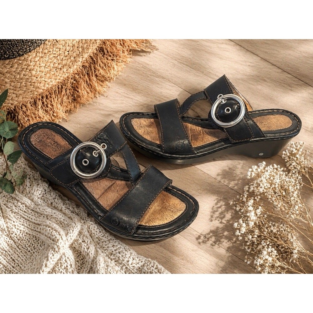 Born Womens size 7 Leather Slip On Wedge Heel Sandals Black Summer